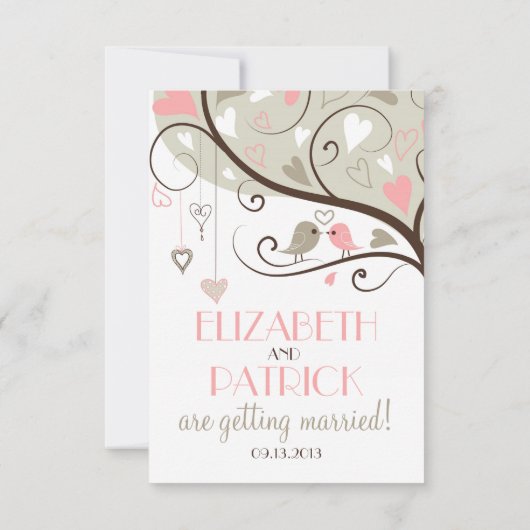 Roze en grijze liefdesvogels bruiloftsreceptiekaar kaart (Achterkant)