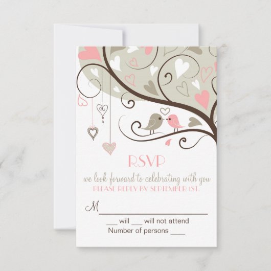 Roze en grijze Lovebird RSVP Wedding Kaart nodigt (Voorkant)