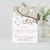 Roze en grijze Lovebird RSVP Wedding Kaart nodigt (Staand voorkant)