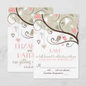 Roze en grijze Lovebird RSVP Wedding Kaart nodigt (Voorkant / Achterkant)