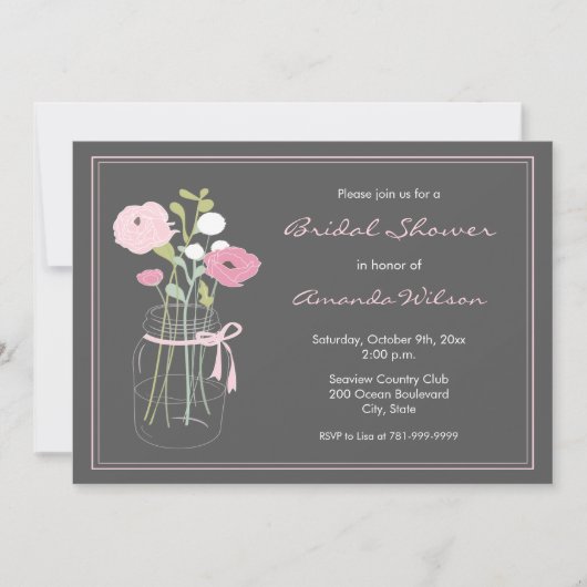 Roze en grijze Mason Jar Bridal Shower Invitation Kaart (Voorkant)