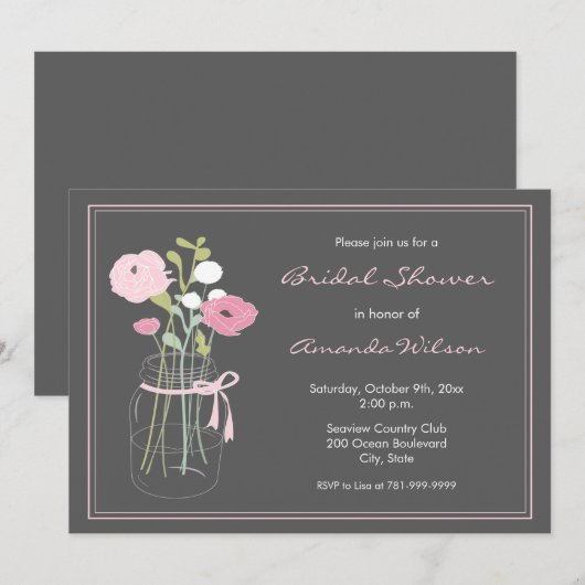 Roze en grijze Mason Jar Bridal Shower Invitation Kaart (Voorkant / Achterkant)