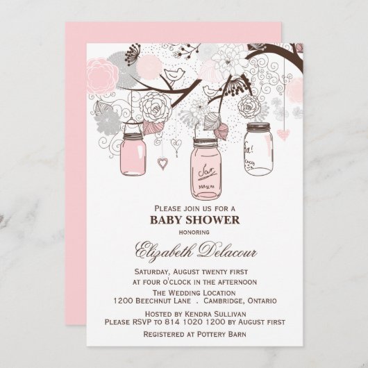 Roze en grijze Mason Jars Baby Shower-uitnodiginge Kaart (Voorkant / Achterkant)