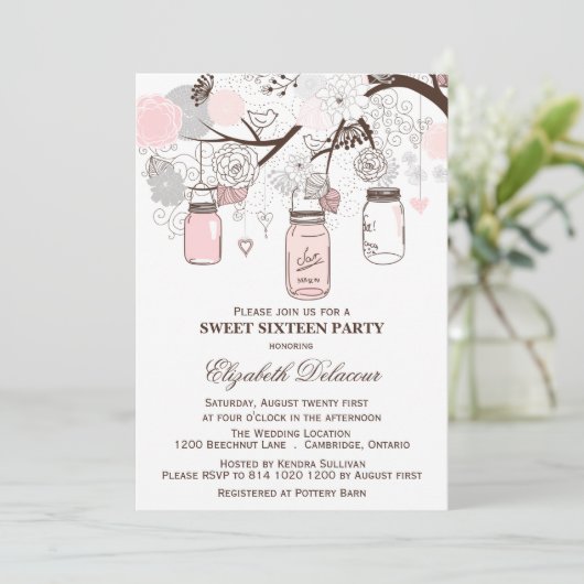 Roze en grijze Mason Jars Sweet Sixteen Uitnodigin Kaart (Staand voorkant)