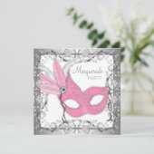 Roze en Grijze Masquerade Party Kaart (Staand voorkant)