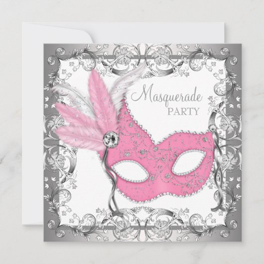 Roze en Grijze Masquerade Party Kaart (Voorkant)