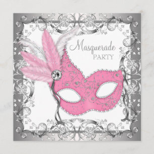 Roze en grijze Masquerade Party Kaart