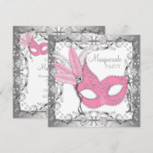 Roze en grijze masqueradefeest kaart (Voorkant / Achterkant)
