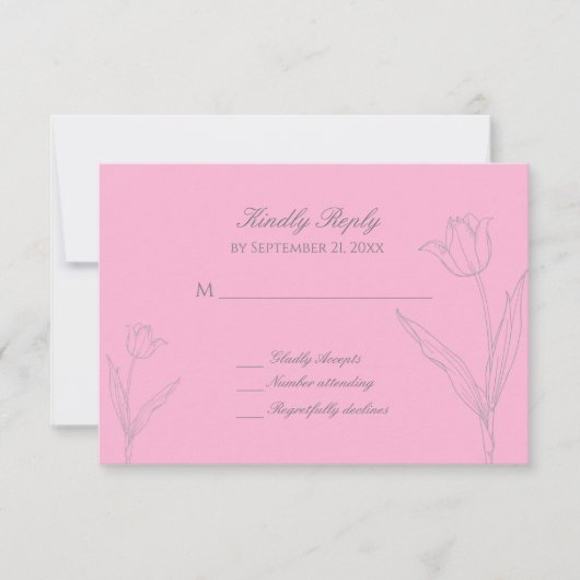 Roze en grijze minimalistische tulpbruiloft RSVP kaartje (Voorkant)