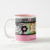 Roze en grijze Moederdag Floral 2 Foto Tweekleurige Koffiemok (Links)