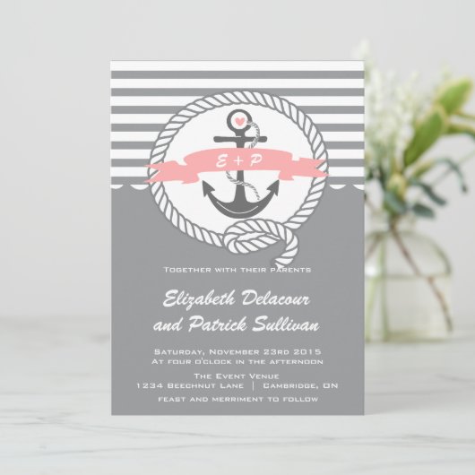 Roze en grijze Nautical Beach Weddenschap Kaart (Staand voorkant)