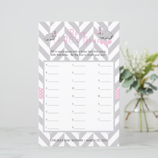 Roze en grijze olifant Baby shower - ABC's game (Staand voorkant)