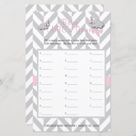 Roze en grijze olifant Baby shower - ABC's game (Voorkant / Achterkant)