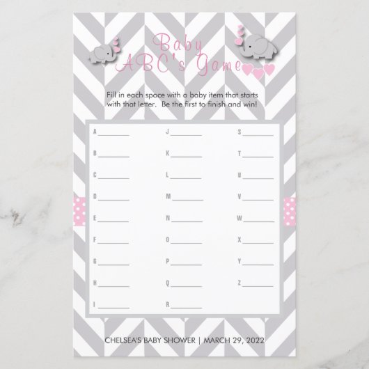 Roze en grijze olifant Baby shower - ABC's game (Voorkant)