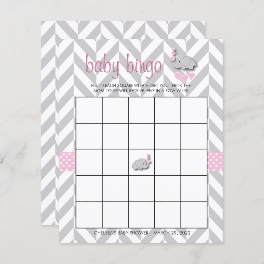  roze en grijze olifant Baby shower Bingo (Voorkant / Achterkant)