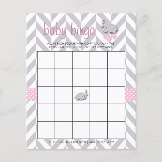  roze en grijze olifant Baby shower Bingo (Voorkant)