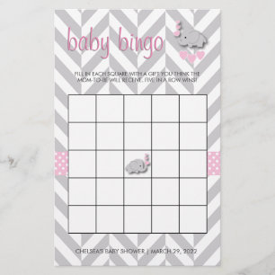 Roze en grijze olifant Baby shower Bingo Briefpapier