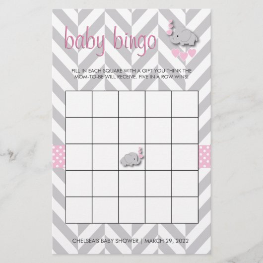 Roze en grijze olifant Baby shower Bingo Briefpapier (Voorkant)