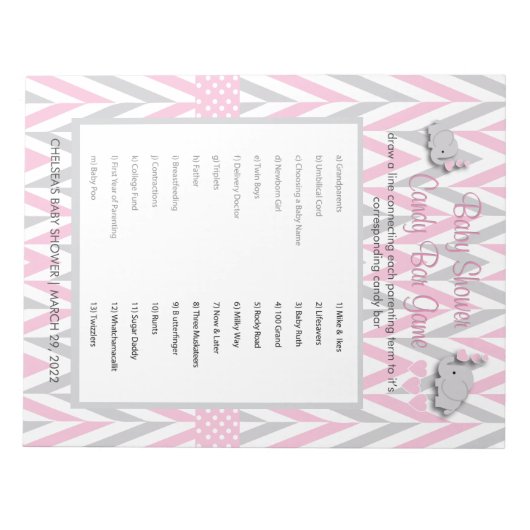 Roze en grijze olifant Baby shower Game 2 Notitieblok (Voorkant)