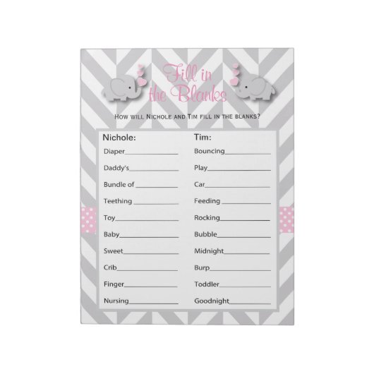 Roze en grijze olifant Baby shower Game - Aangepas Notitieblok (Linkerzijde)