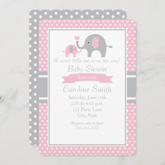 Roze en grijze olifant Baby shower Kaart (Voorkant / Achterkant)