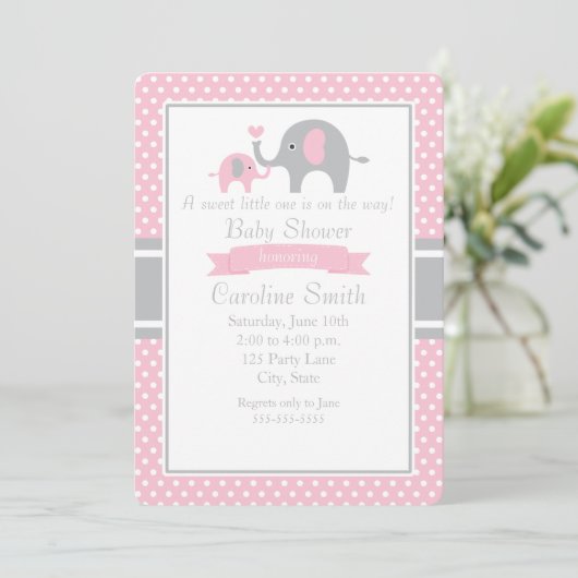 Roze en grijze olifant Baby shower Kaart (Staand voorkant)