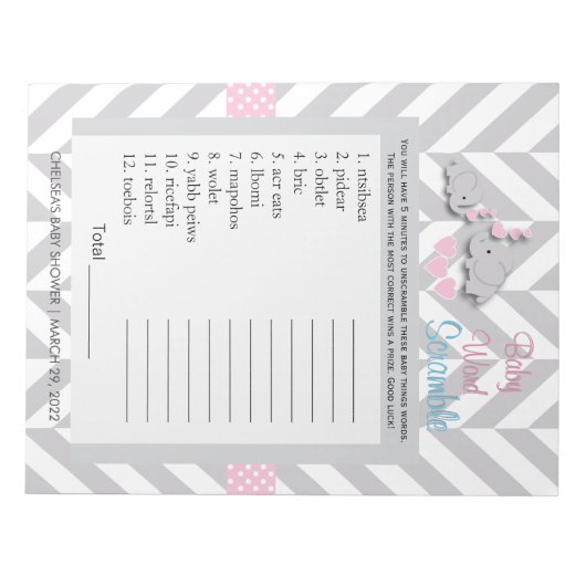 Roze en grijze olifant Baby shower Notitieblok (Voorkant)