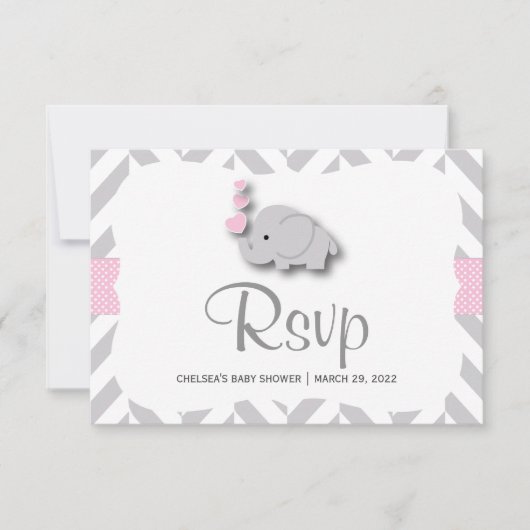 Roze en grijze olifant Baby shower - RSVP (Voorkant)
