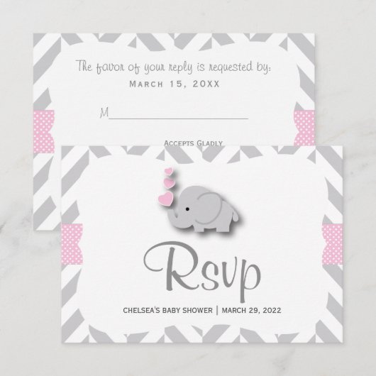 Roze en grijze olifant Baby shower - RSVP (Voorkant / Achterkant)