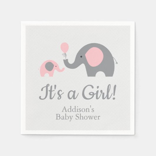Roze en Grijze Olifant Baby shower Servetten (Voorkant)