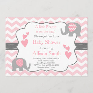 Roze en grijze olifant baby shower uitnodiging