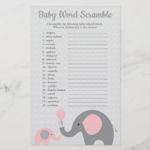 Roze en grijze olifant baby shower woordzoekopgave flyer