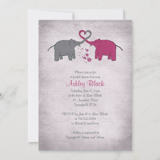 Roze en grijze olifant Bridal Shower Invitation Kaart (Voorkant)