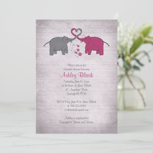 Roze en grijze olifant Bridal Shower Invitation Kaart (Staand voorkant)