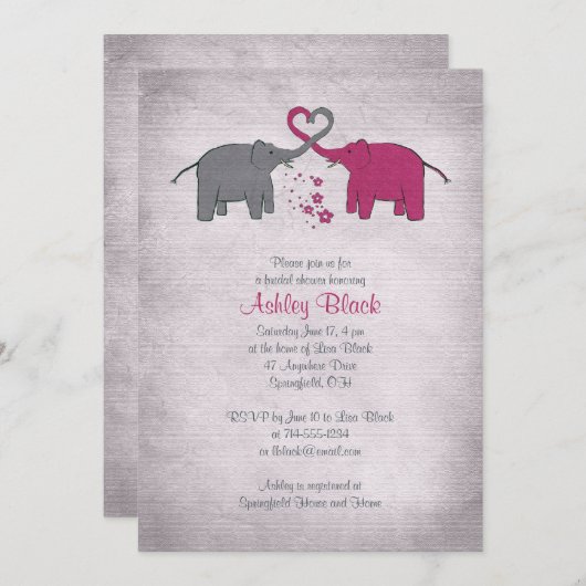 Roze en grijze olifant Bridal Shower Invitation Kaart (Voorkant / Achterkant)