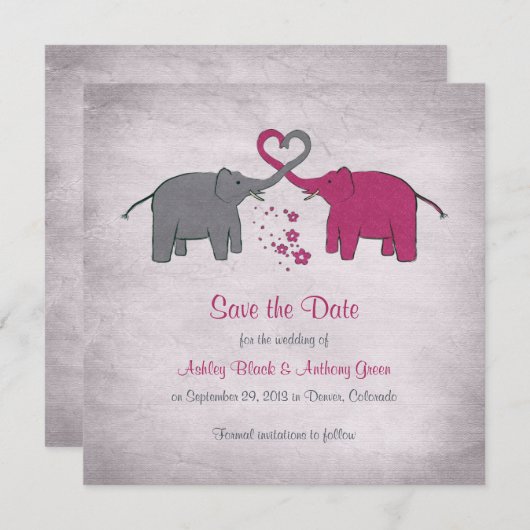 Roze en grijze olifant bruiloft sparen de datum save the date (Voorkant / Achterkant)