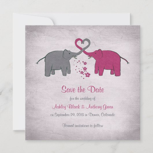 Roze en grijze olifant bruiloft sparen de datum save the date (Voorkant)