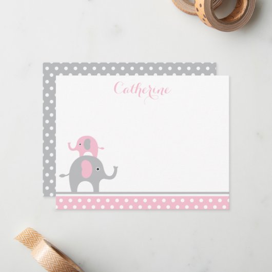 Roze en grijze olifant Hartelijk dank Notitiekaartje (Voorkant / Achterkant in situ)