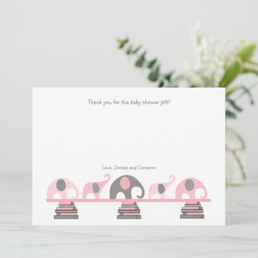 Roze en grijze olifanten boeken baby shower bedank bedankkaart (Staand voorkant)