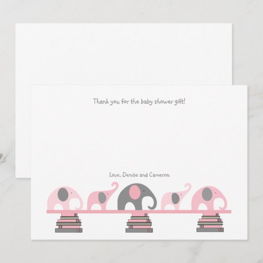Roze en grijze olifanten boeken baby shower bedank bedankkaart (Voorkant / Achterkant)