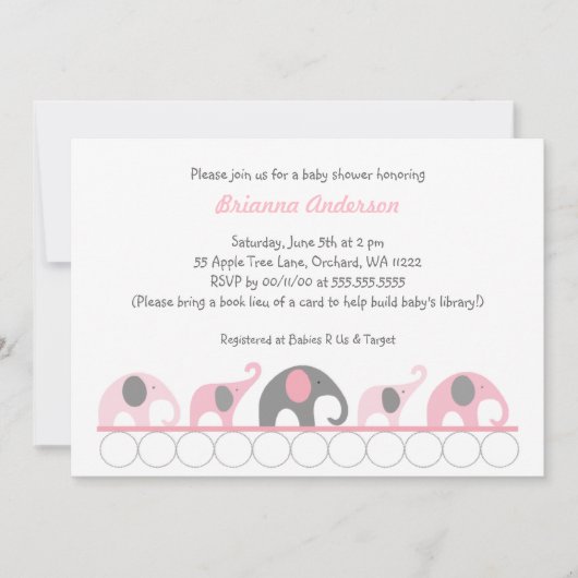 Roze en grijze olifanten op boeken Uitnodiging bab (Voorkant)