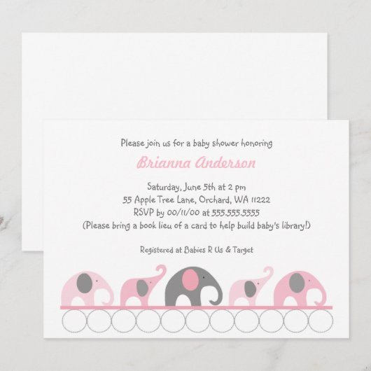 Roze en grijze olifanten op boeken Uitnodiging bab (Voorkant / Achterkant)