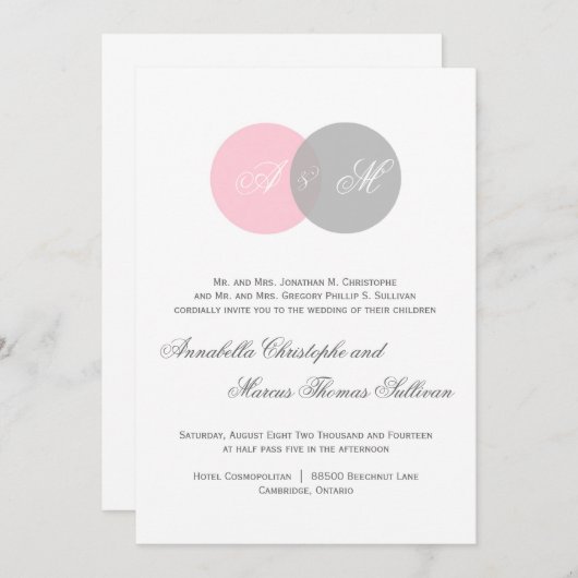 Roze en grijze omringende cirkels Uitnodiging tot (Voorkant / Achterkant)