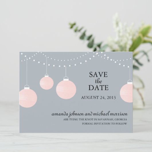 Roze en grijze papieren lantaarns bruiloft sparen  save the date (Staand voorkant)