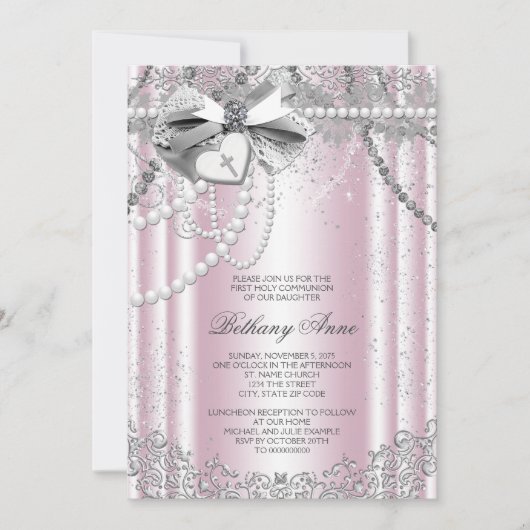 Roze en grijze parel eerste communie kaart (Voorkant)