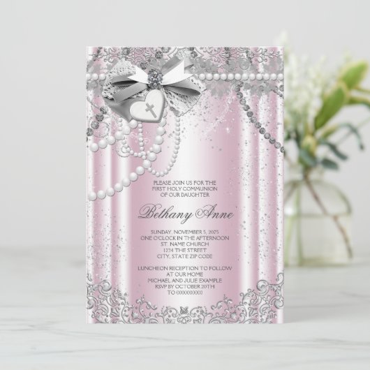 Roze en grijze parel eerste communie kaart (Staand voorkant)