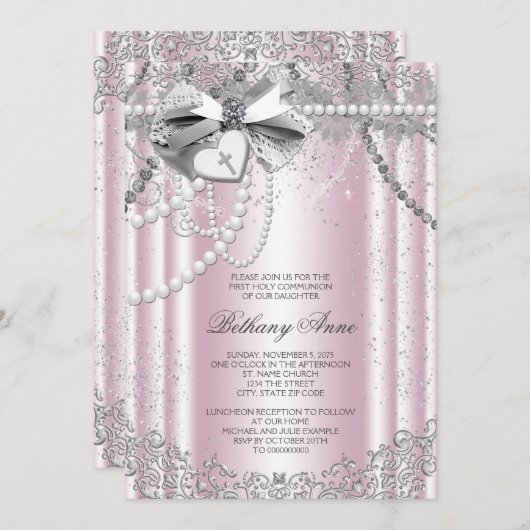 Roze en grijze parel eerste communie kaart (Voorkant / Achterkant)