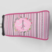 Roze en grijze patroonstrips, bloemen, aangepast golfheadcover (Voorkant)