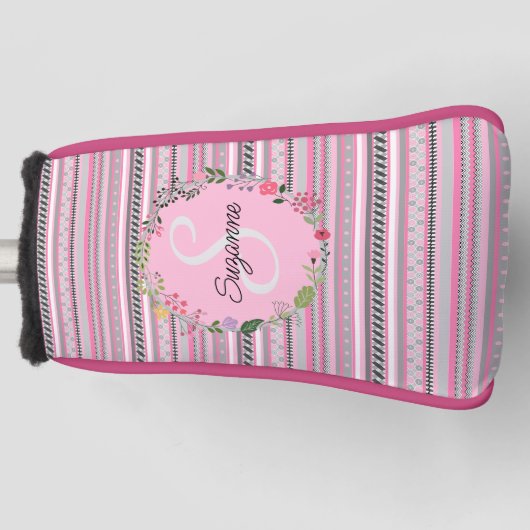 Roze en grijze patroonstrips, bloemen, aangepast golfheadcover (Voorkant)