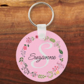 Roze en grijze patroonstrips, bloemen, aangepast sleutelhanger (Voorkant)